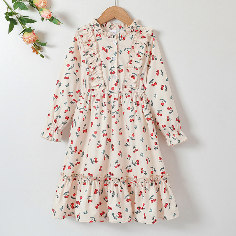 

Beautiful Kid Girl Floral Print Button Design Ruffle Long-sleeve Sweet Dress