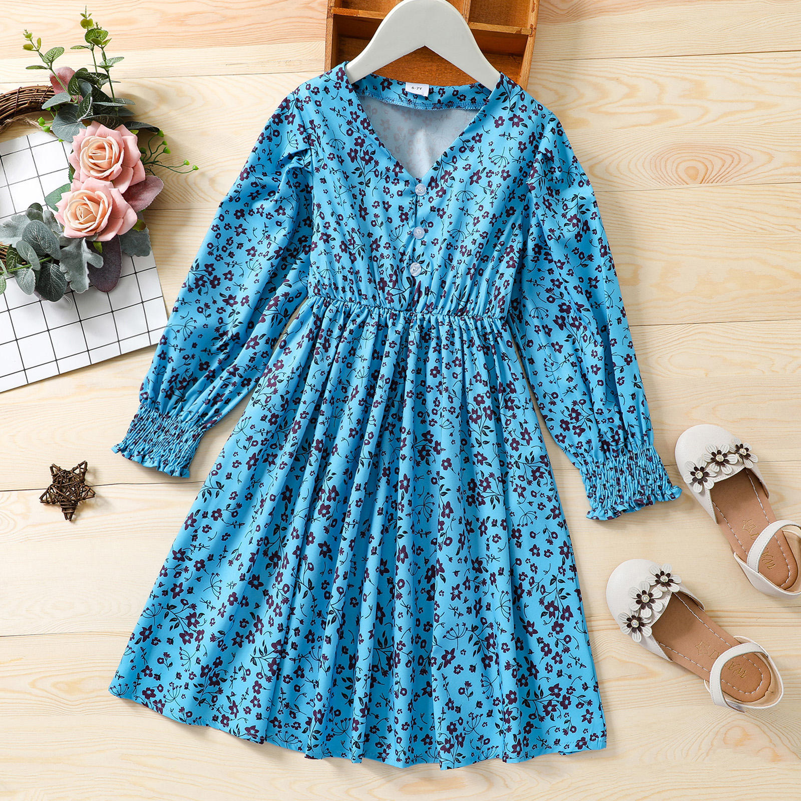 

Kid Girl V Neck Floral Print Button Design Smocked Sleeve Dress
