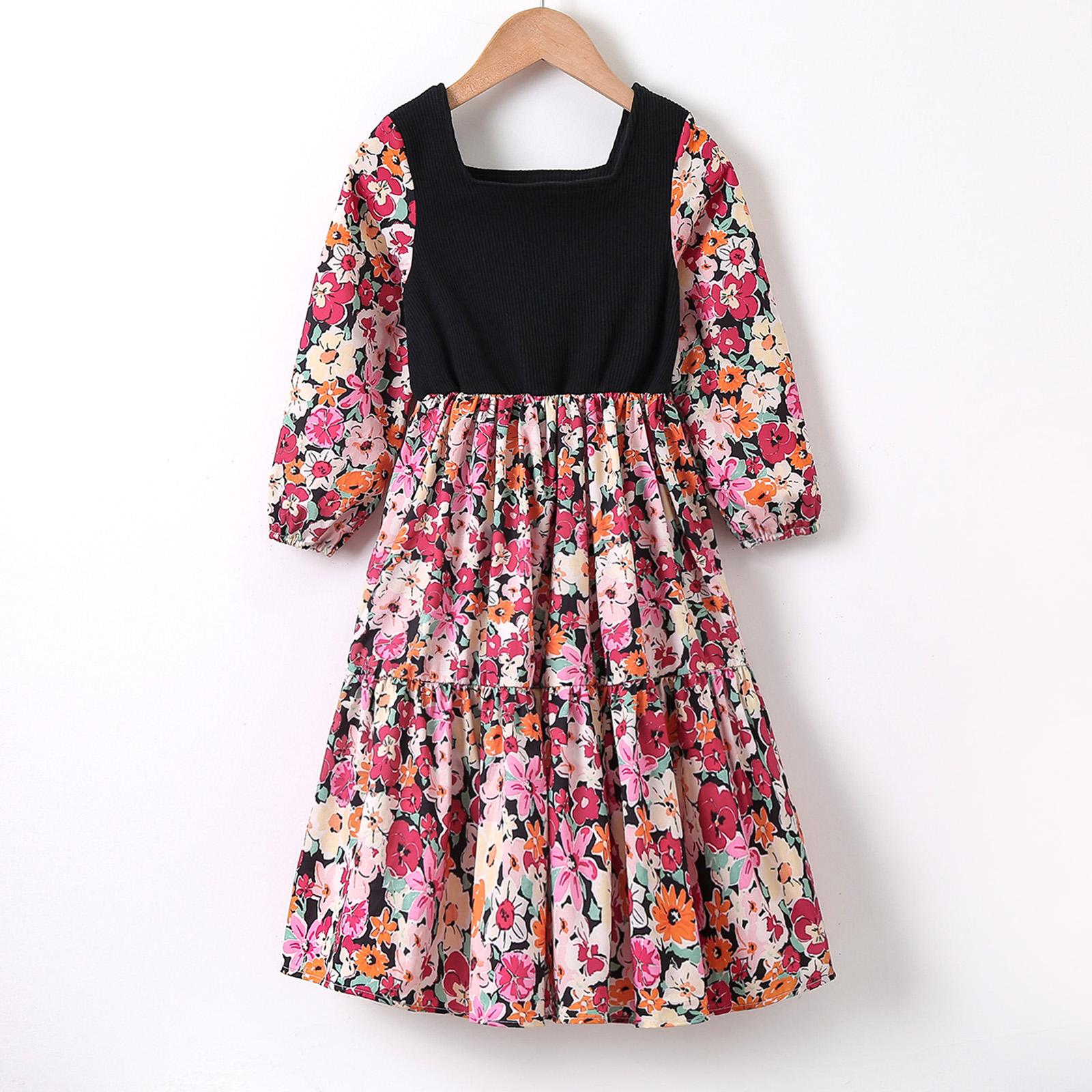 

Kid Girl Square Neck Floral Print Long-sleeve Dress