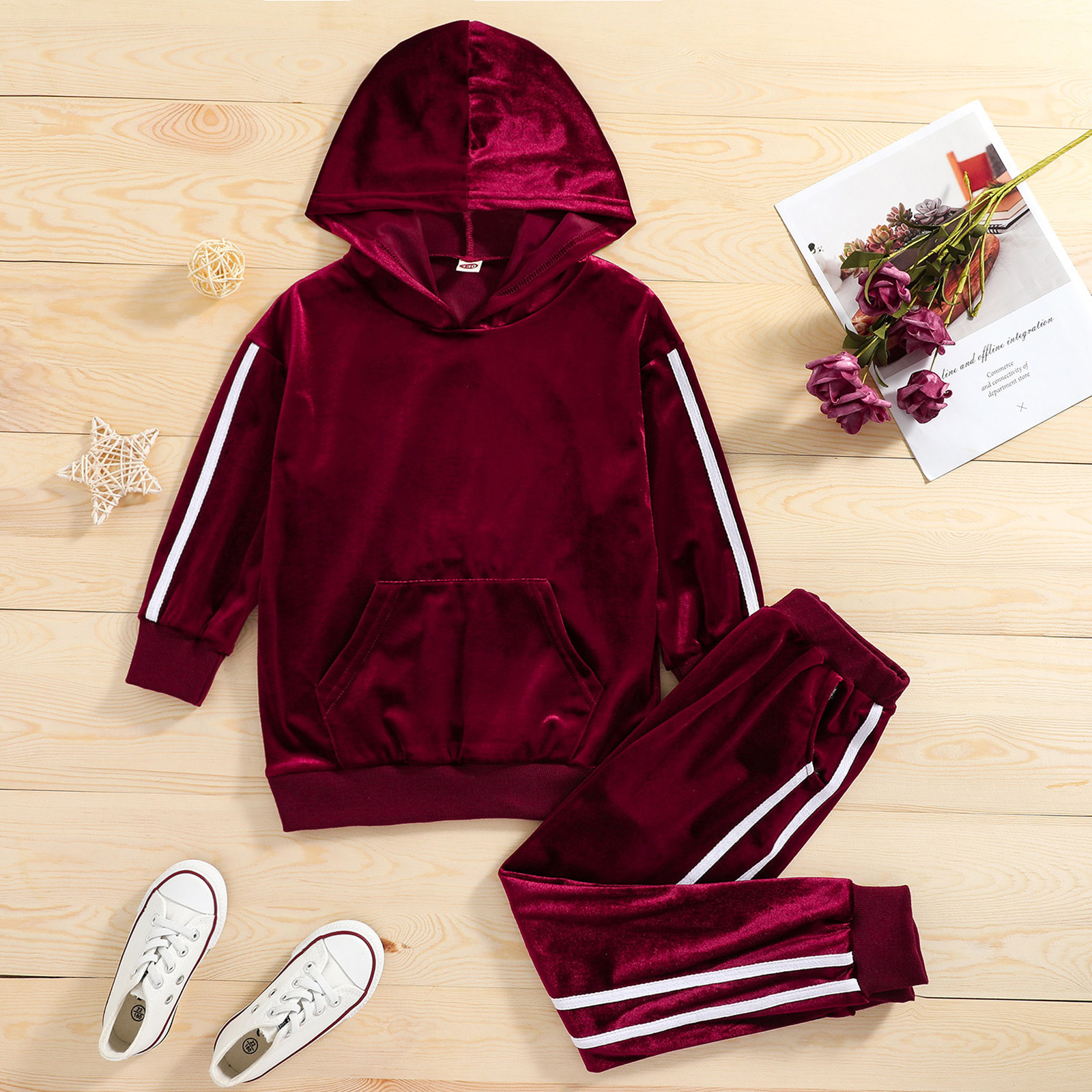 

2-piece Kid Boy/Kid Girl Striped Velvet Hoodie Sweatshirt and Pants Set