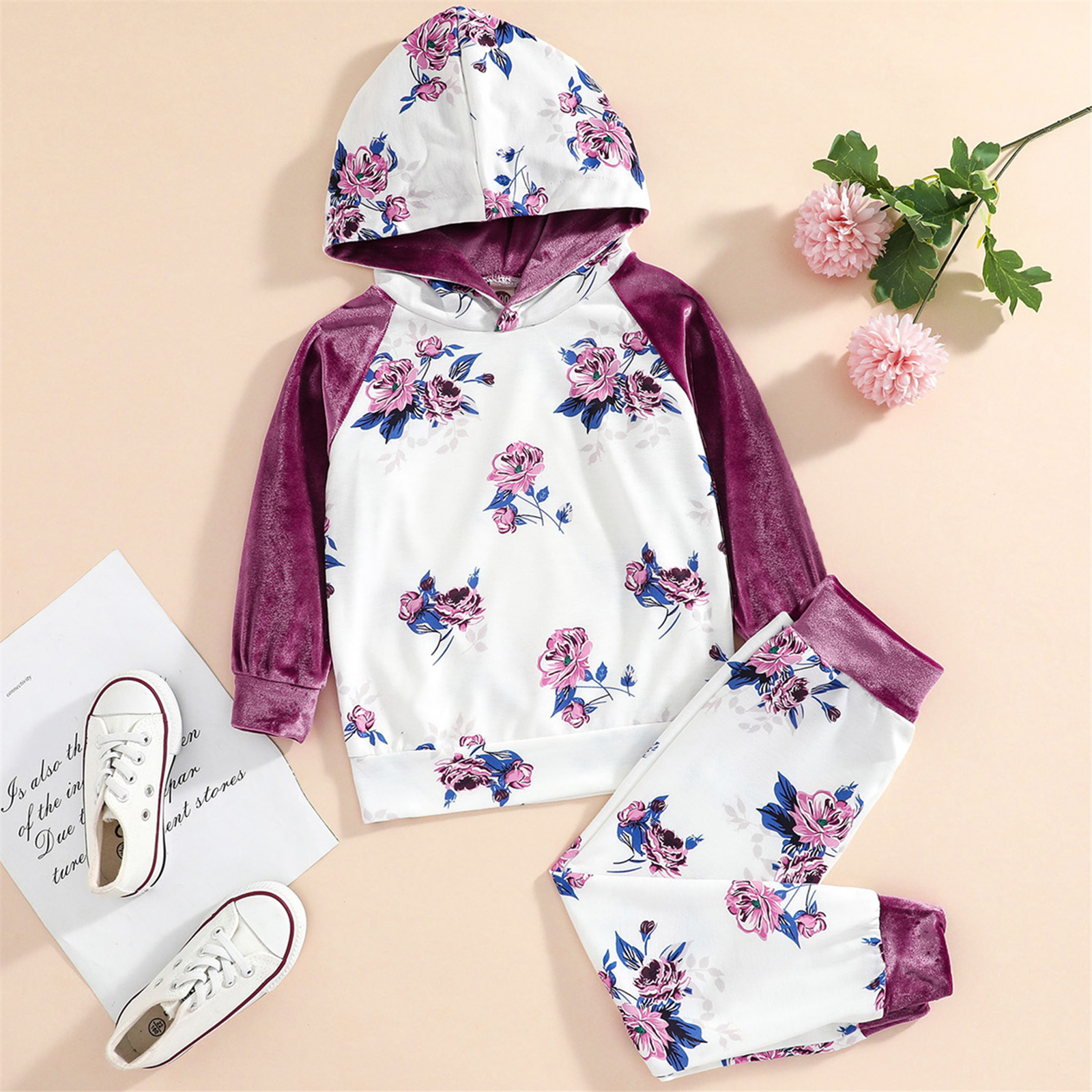 

2-piece Kid Girl Floral Print Colorblock Hoodie Sweatshirt and Pants Set
