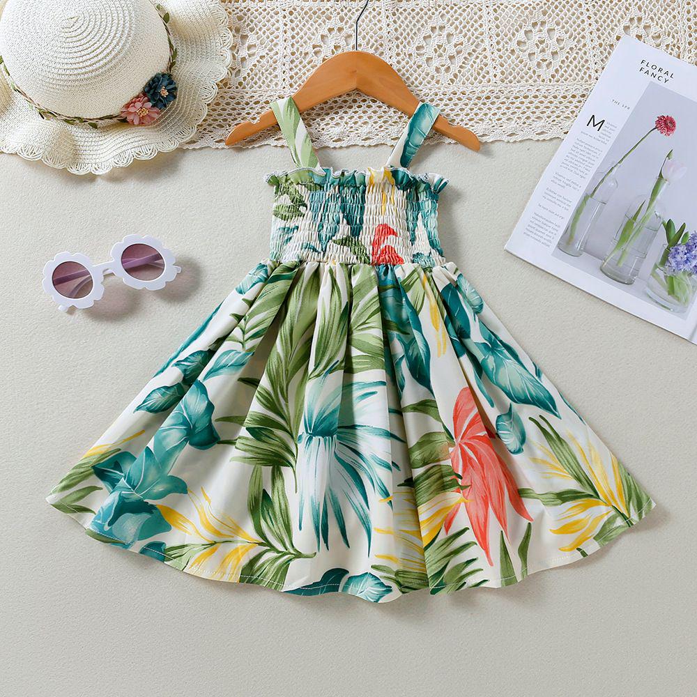 

Kid Girl Floral Leaf Print Smocked Slip Dress
