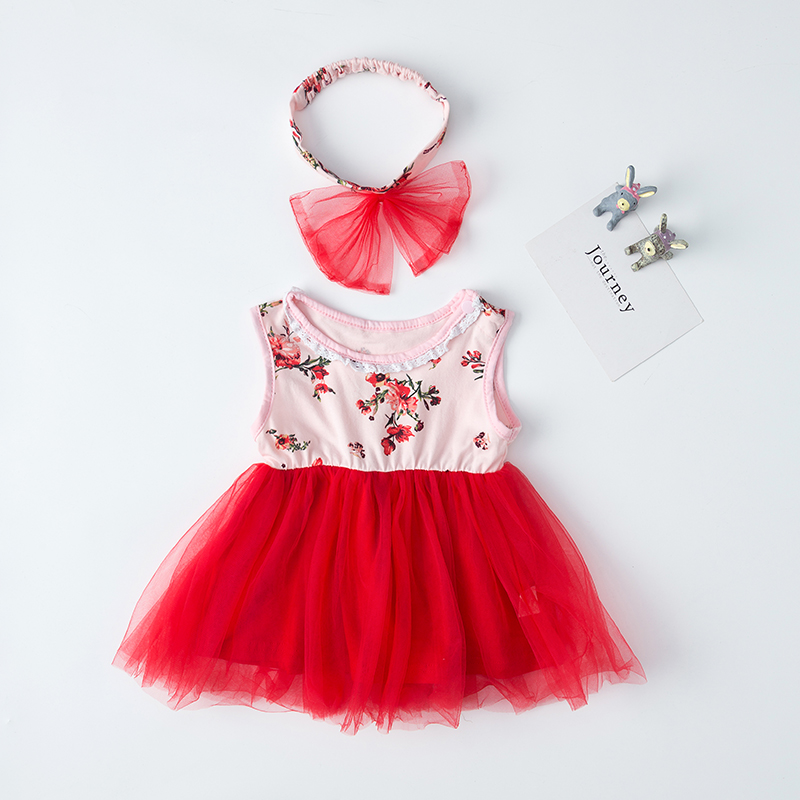 

Floral Print Sleeveless Tulle Dress with Headband
