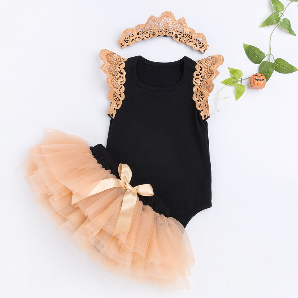 

3-piece Solid Lace-sleeve Bodysuit, Tulle Skirt and Headband Set