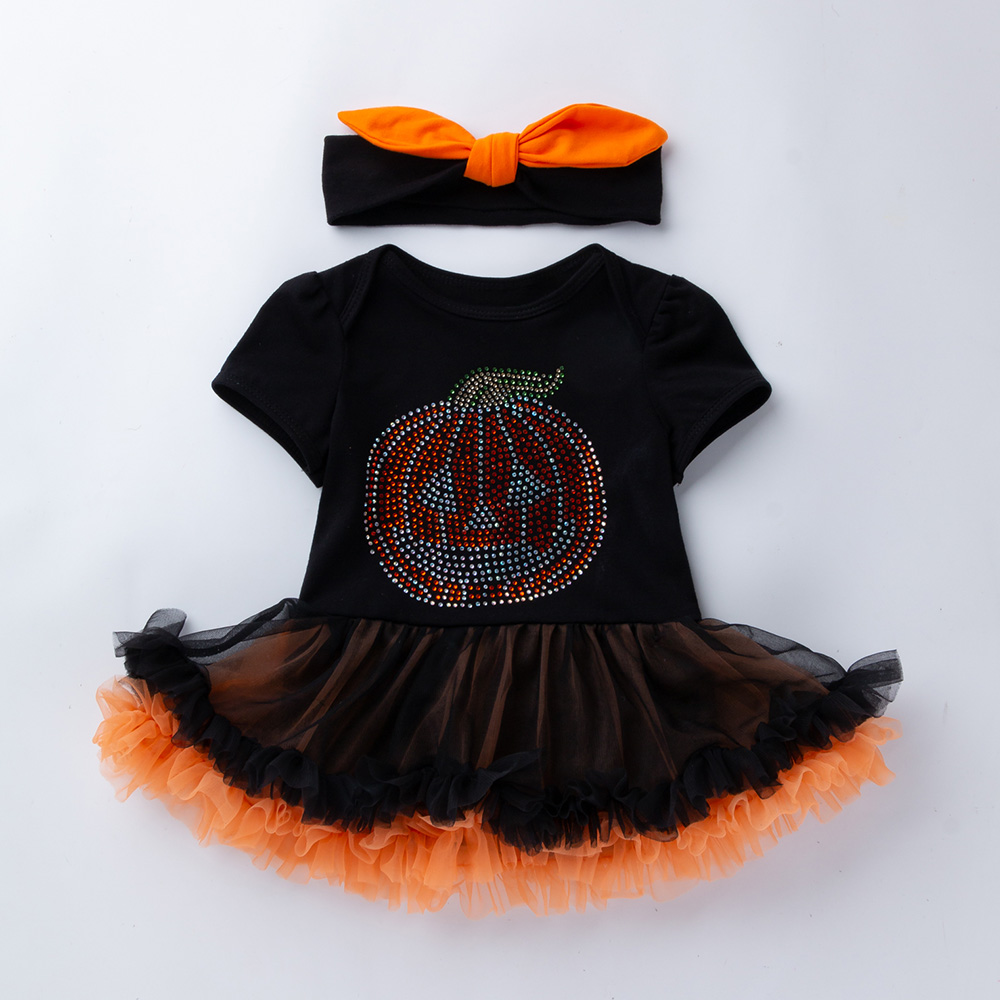 

Baby Girl Halloween Trick or Treat Style Short-sleeve Dress Romper and Headband