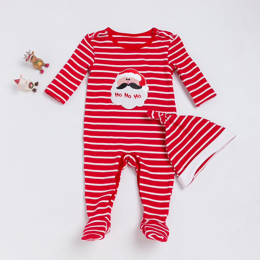 

Baby Girl Christmas Santa Embroidery Stripe Long-sleeve Jumpsuit and Hat