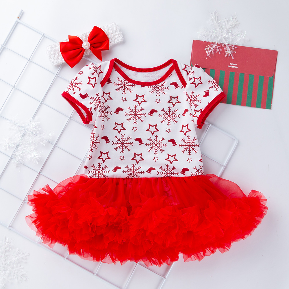 

Baby Girl Christmas Snowflake Allover Tulle Design Short-sleeve Dress Romper and Headband