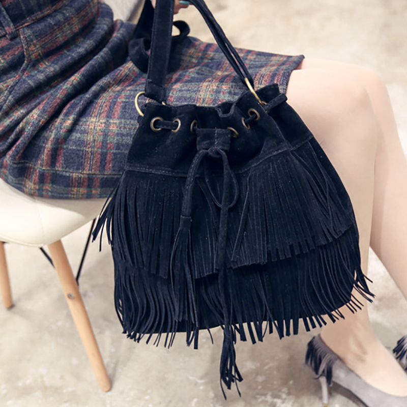 

Classic Long Tasseled Bucket Design Crossbody Bag
