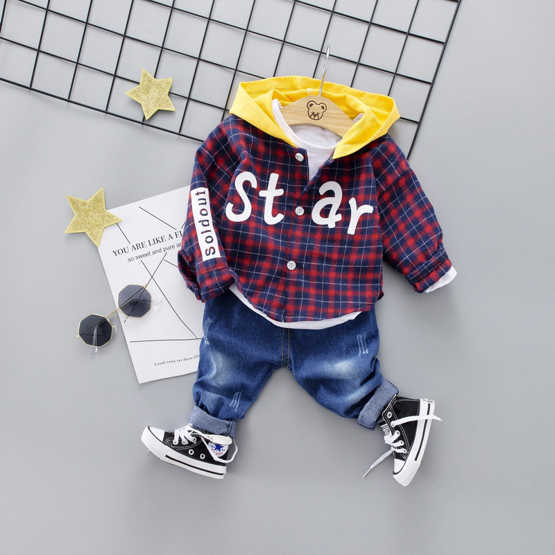 

3-piece Baby / Toddler Colorblock Plaid Coat and Solid Tee with Denim Pants Set