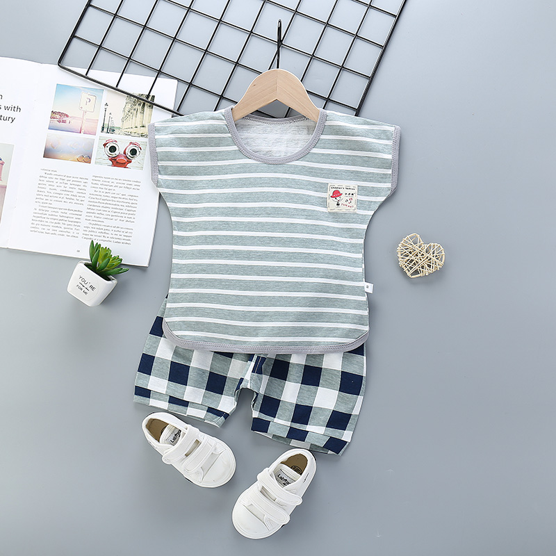 

100% Cotton 2pcs Baby Striped Short-sleeve T-shirt and Plaid Shorts Set