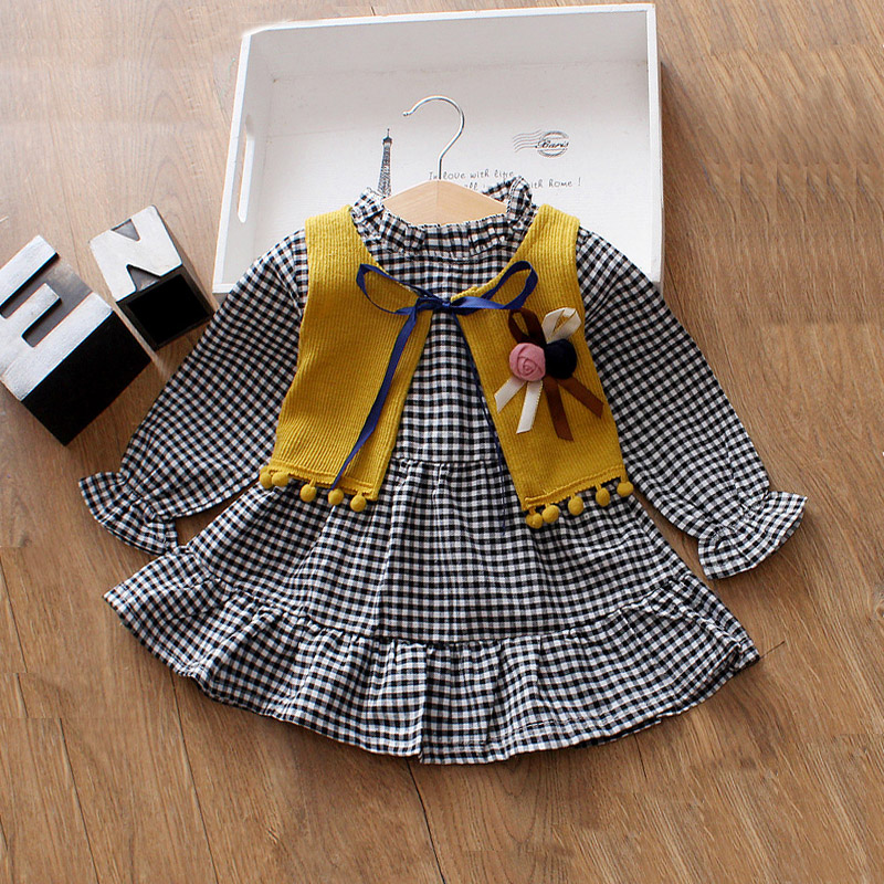

Stylish Plaid Faux-two 3D Flower Decor Long-sleeve Dress for Baby Girl