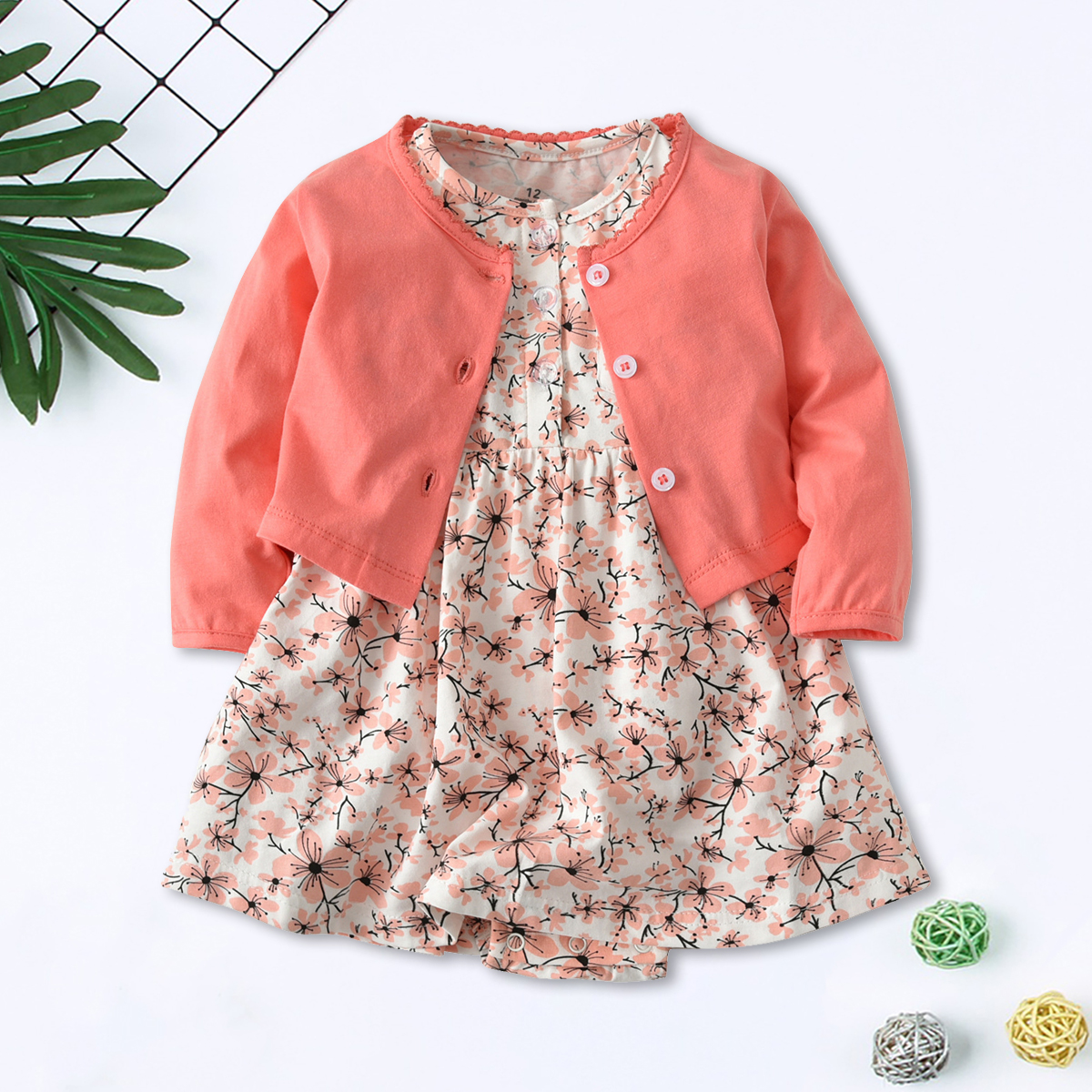 

2-piece Floral Bodysuit Dress and Cardigan Set