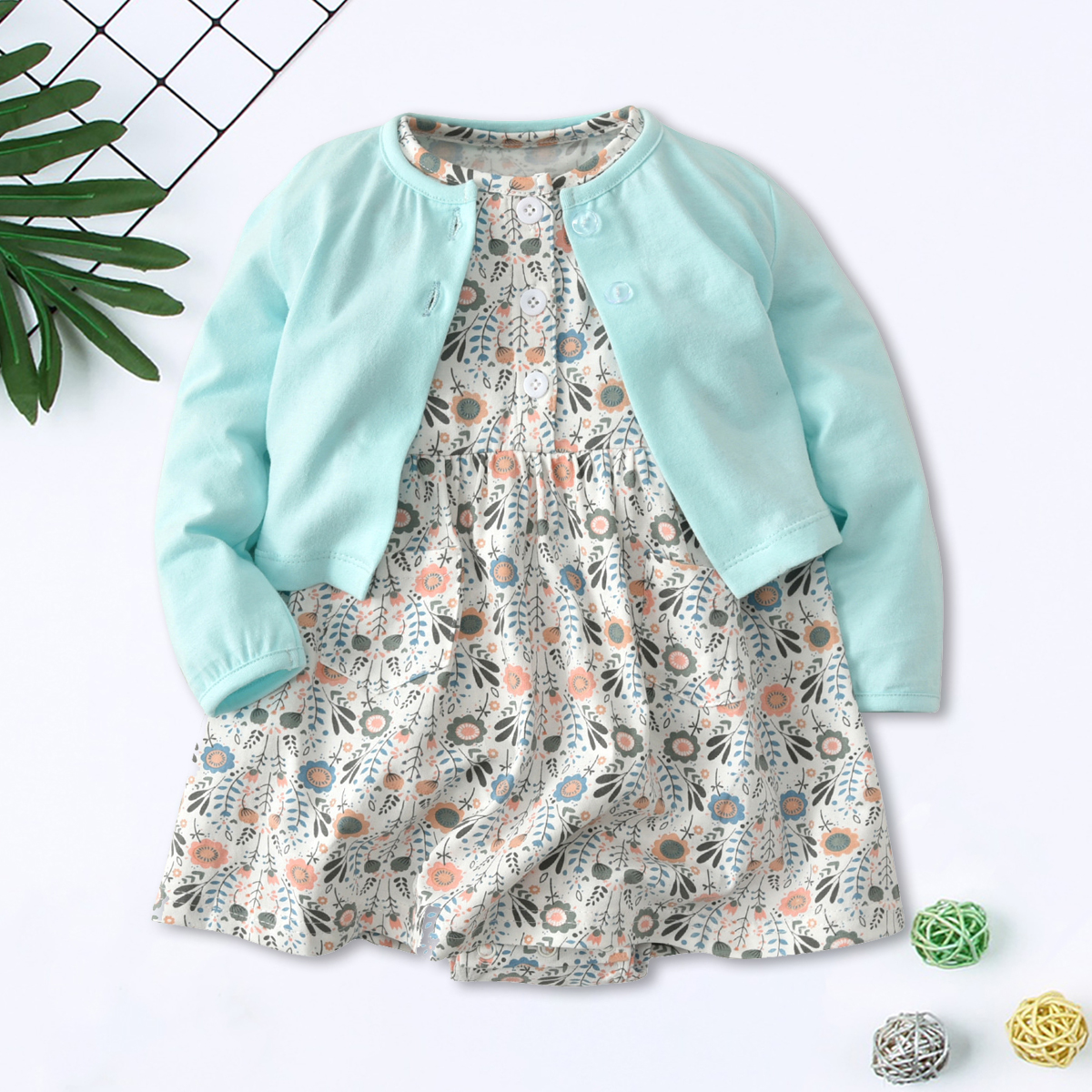 

Floral Bodysuit Dress and Cardigan Set