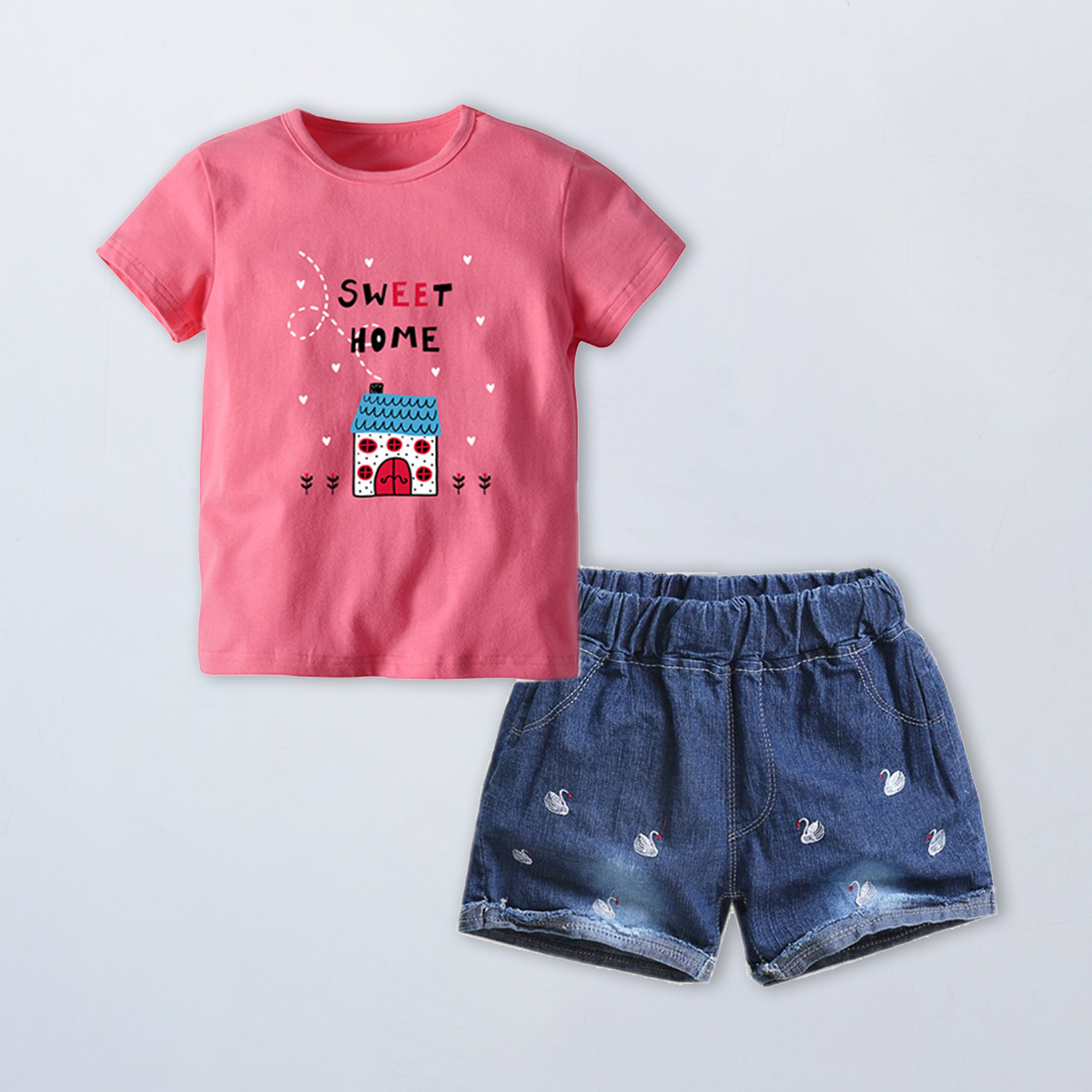 

Casual Cartoon Print Short-sleeve T-shirt and Denim Shorts Set