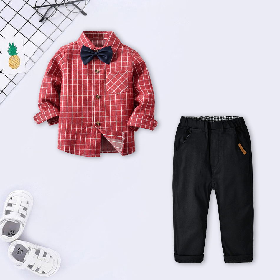 

Plaid Print Long-sleeve Blouse and Pants Tie Set