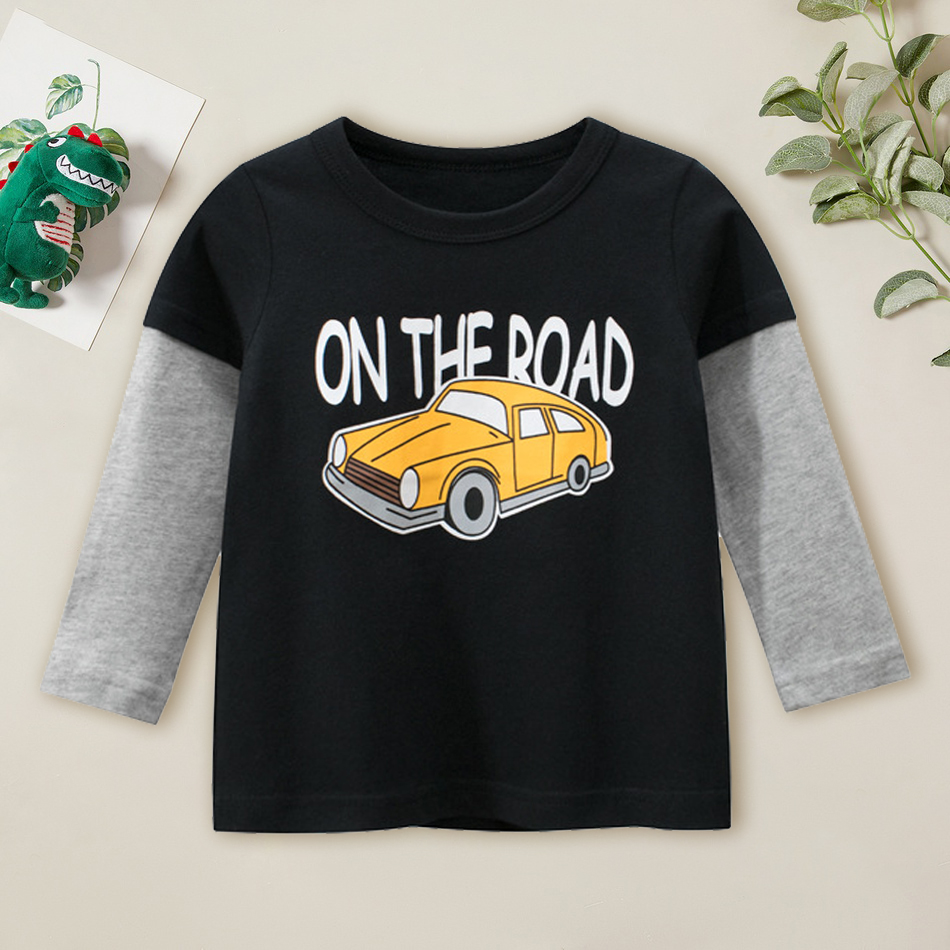 

Trendy Car Letter Print Faux-two Longsleeves Tee