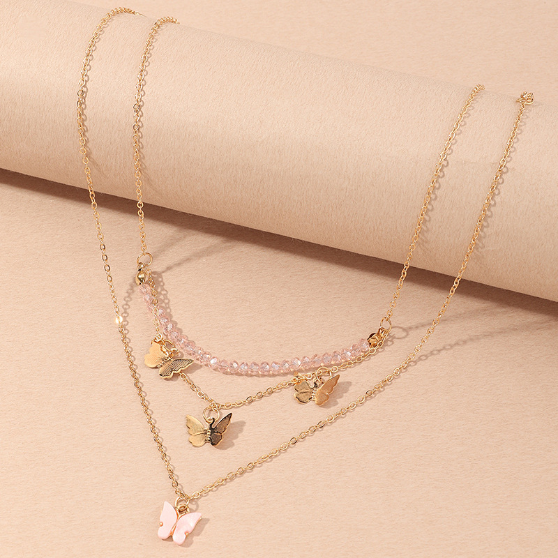 

3-pack Butterfly Beaded Pendant Golden Necklace for Girls