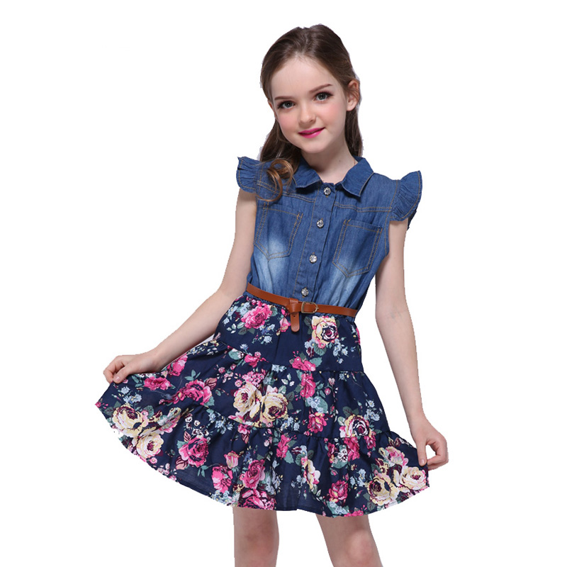 

Fashionable Floral Design Sleeveless Denim Dress for Girl