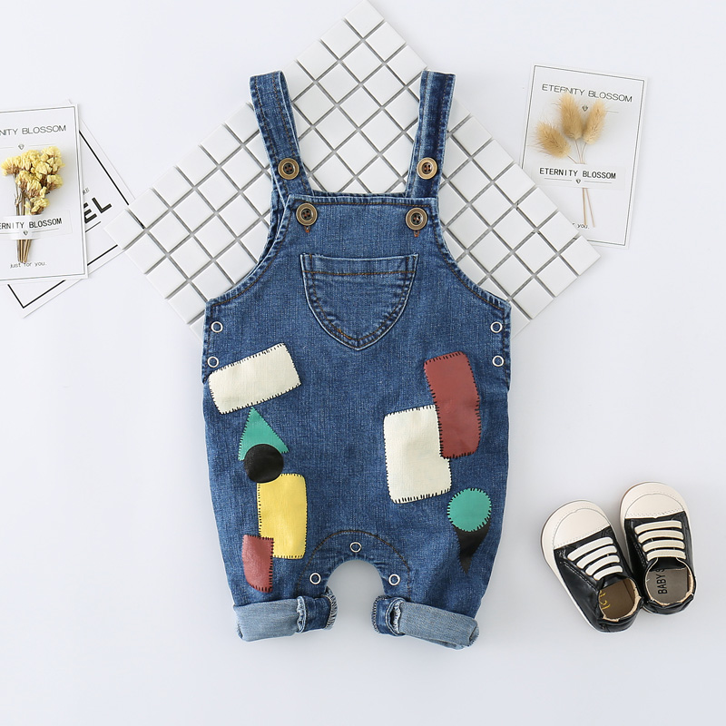 

Baby Denim Style Patch Decor Strappy Sleeveless Jumpsuit