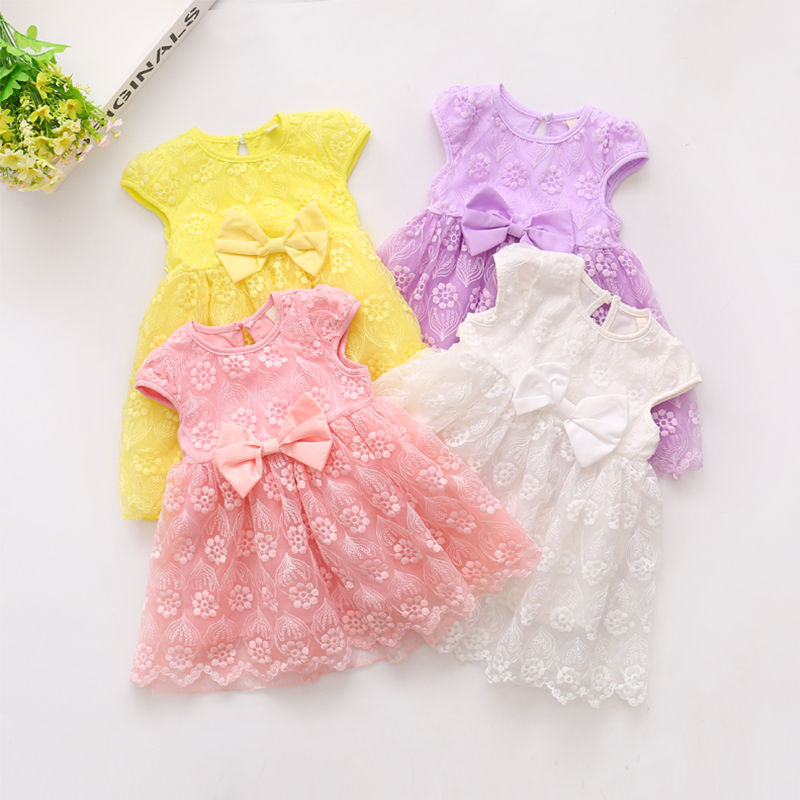 

Toddler Girl Pretty Lace Decor Bowknot Solid Dress