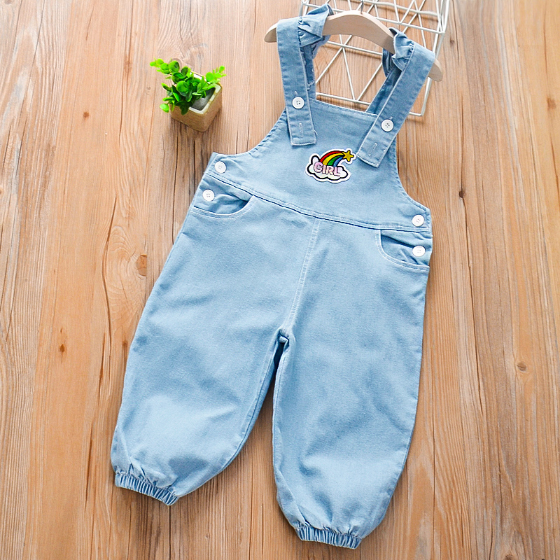 

Baby / Toddler Girl Rainbow Pattern Letter Print Ruffled Denim Overall
