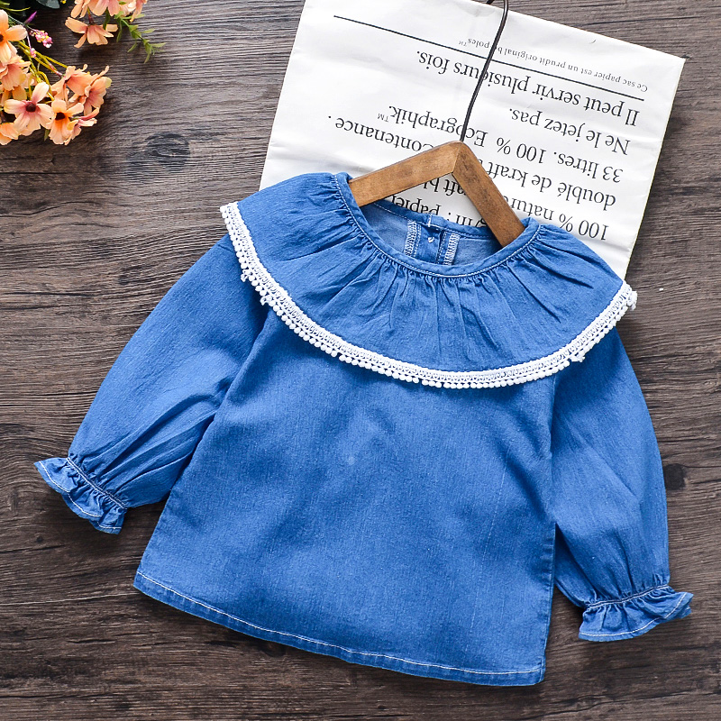

Baby Ruffle Long-sleeve Solid Blue Denim Top