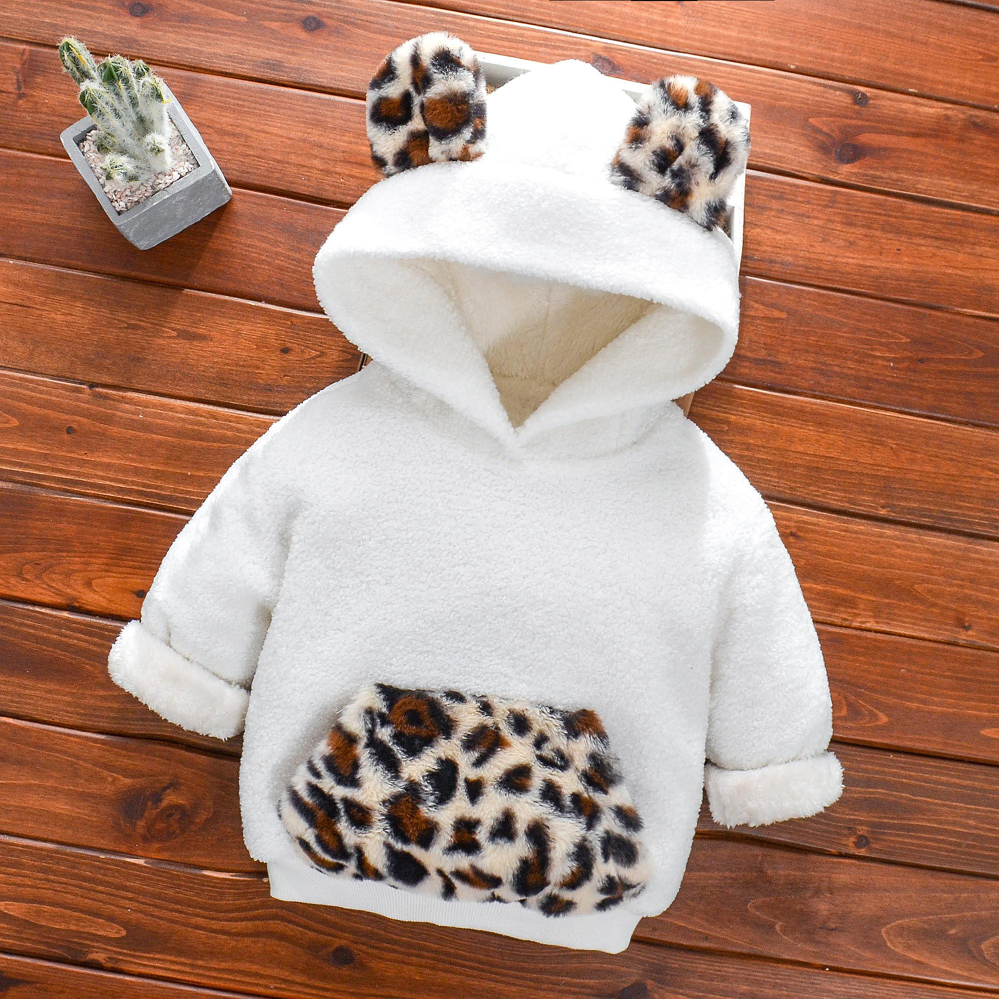

Baby / Toddler Leopard Ear Decor Fluff Hooded Coat