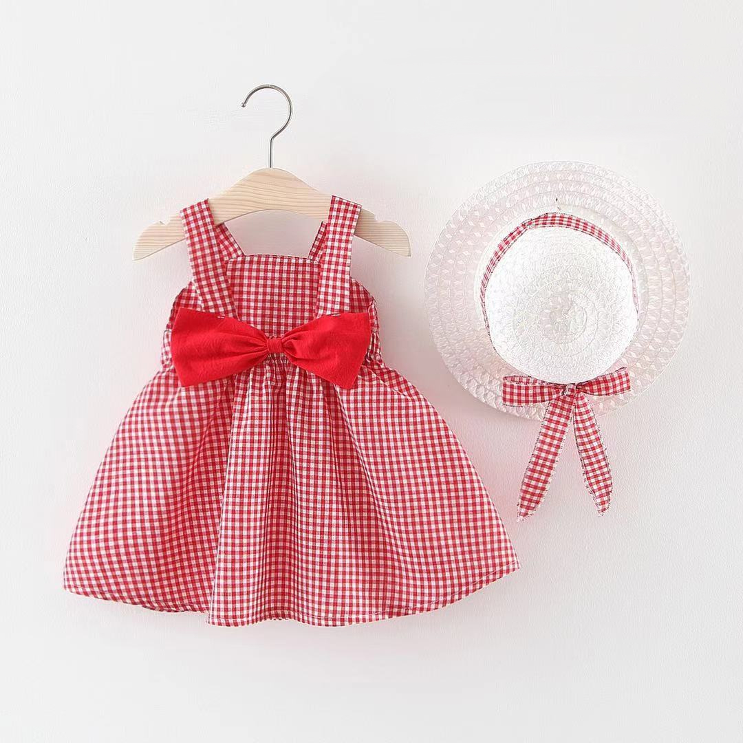 

2-piece Baby / Toddler Girl Plaid Bowknot Dress and Hat Set