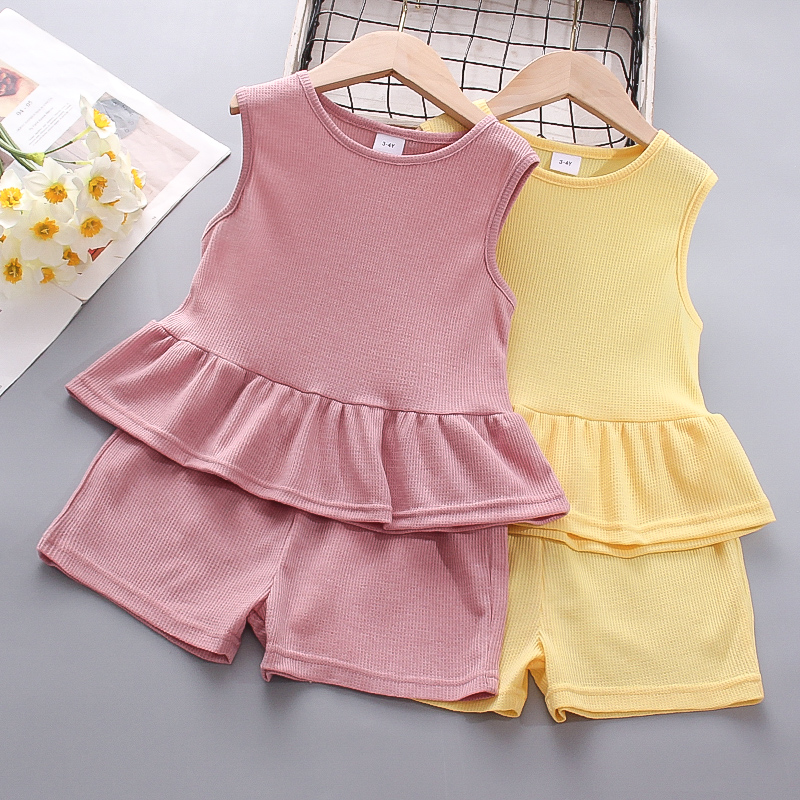 

2-piece Toddler Girl Waffle Print Ruffled Top and Shorts Set