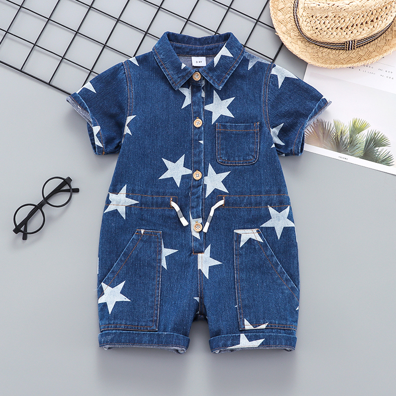 

Toddler Boy Stars Print Button Down Short-sleeve Denim Jumpsuit