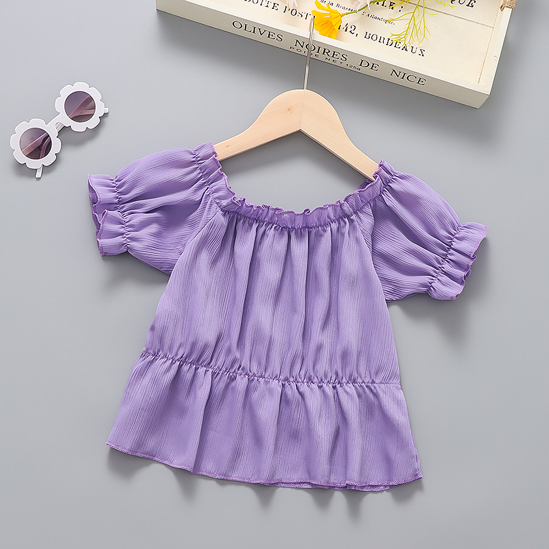 

Toddler Girl Off Shoulder Ruffled Short-sleeve Solid Chiffon Top