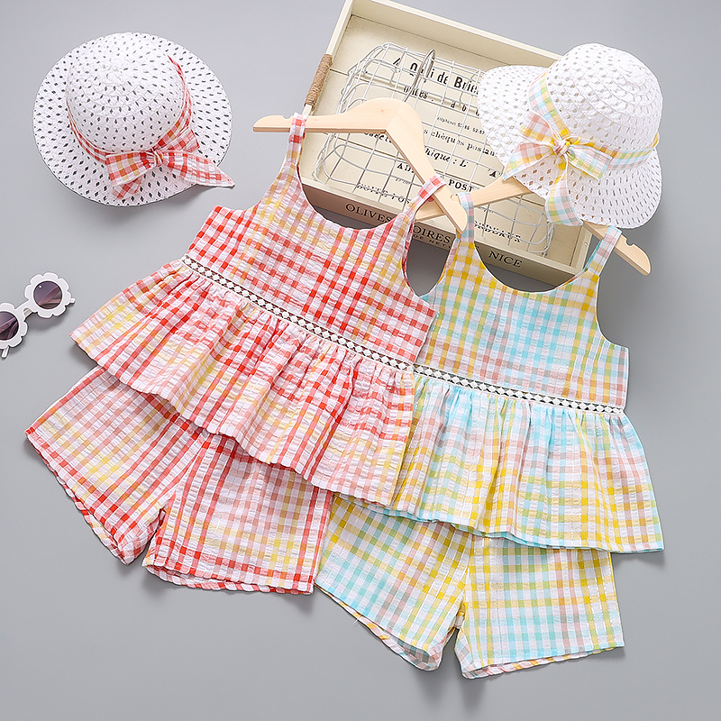 

3-piece Toddler Girl Ruffled Hollow out Plaid Tank, Shorts and Hat Set