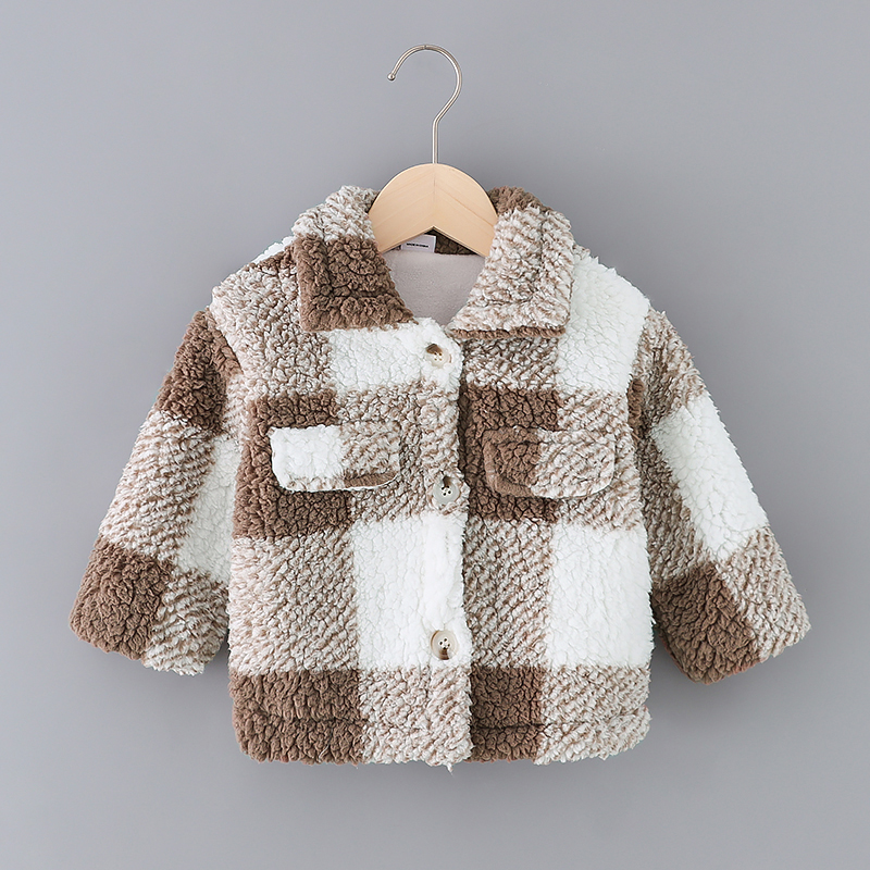 

Toddler Girl Plaid Lapel Collar Button Design Coat