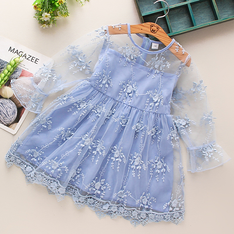 

Toddler Girl Flower Embroidery Lace Zipper Bell sleeves Tulle Dress