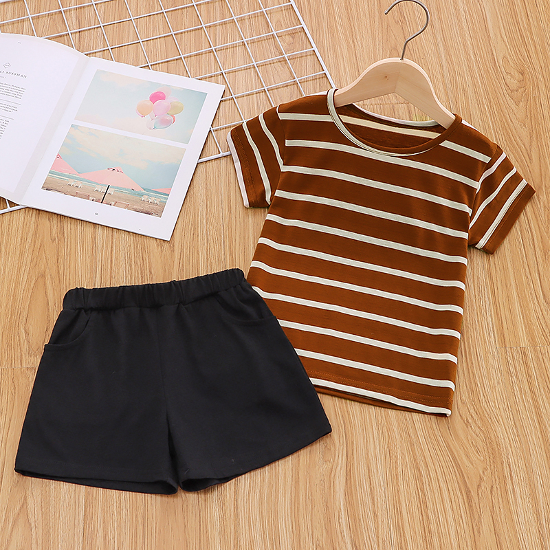 

Toddler Boy 100% Cotton Striped T-shirt and Elasticized Solid Shorts with Pocket Set