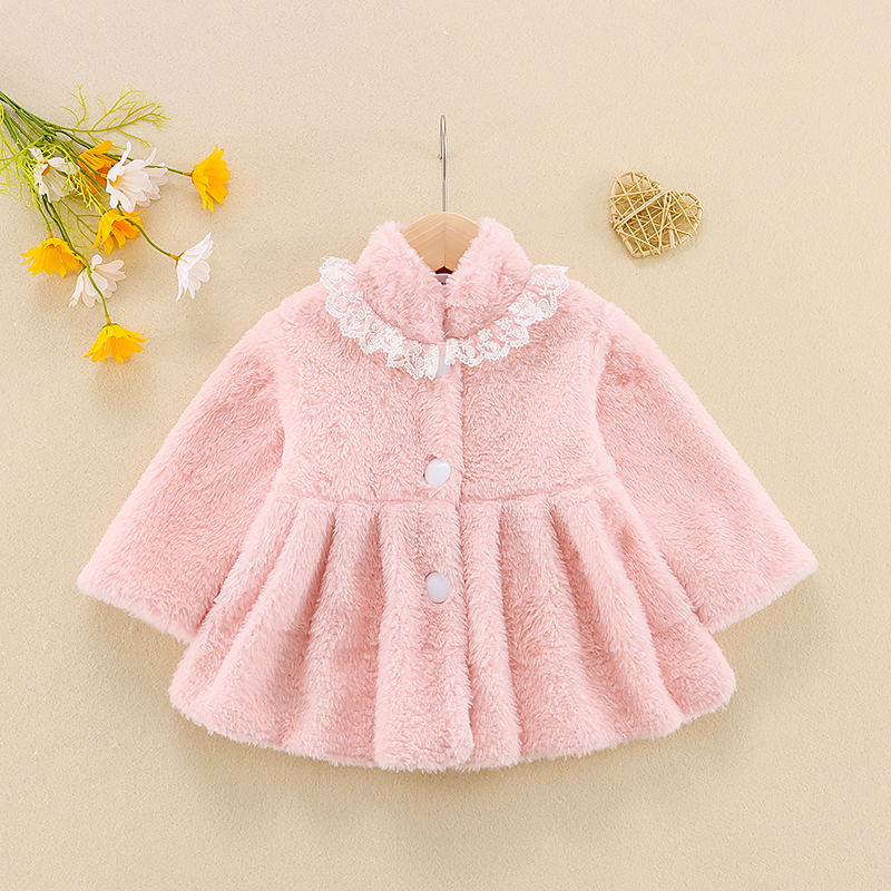 

Solid Lace Decor Stand Collar Long-sleeve Pink Fleece Baby Coat Jacket
