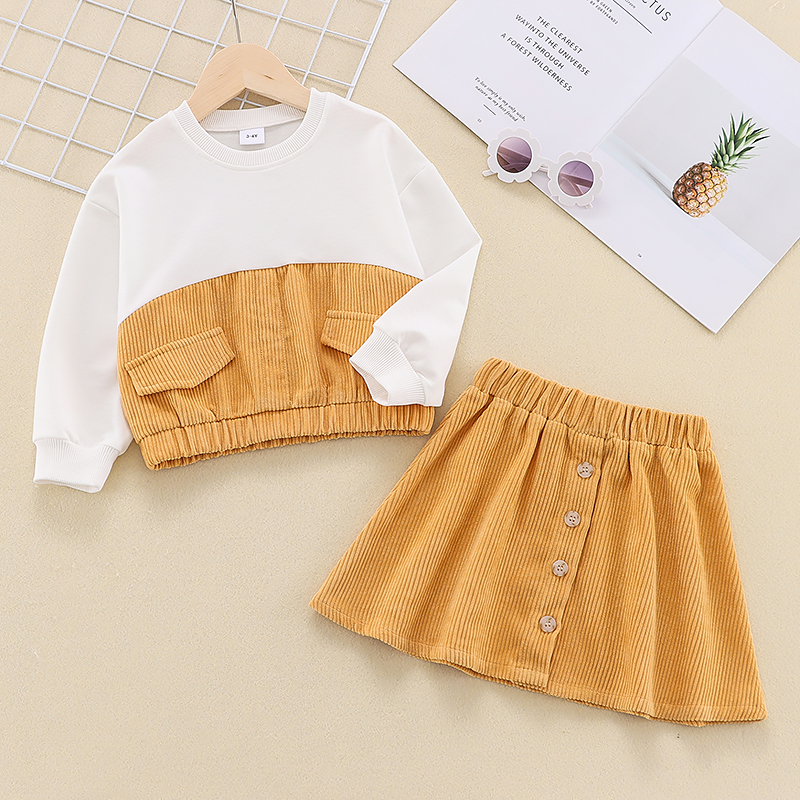 

2-piece Toddler Girl Colorblock Splice Pullover Sweatshirt and Button Design Yellow Skirt Set