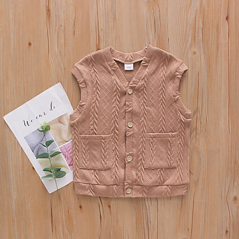 

Toddler Girl/Boy Pocket Button Design Solid Cable Knit Vest Coat