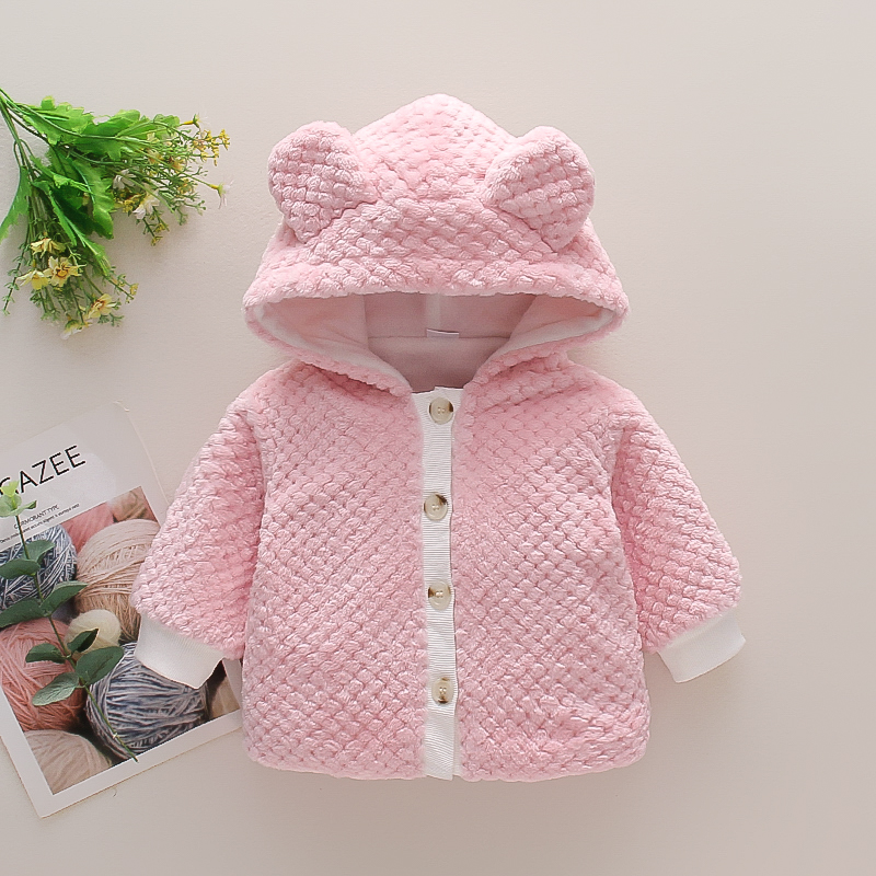 

Pink 3D Ears Hooded Button Down Long-sleeve Baby Coat Jacket
