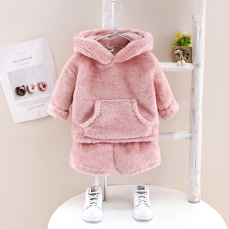 

2pcs Solid 3D Ear Decor Hooded Fleece Long-sleeve Baby Set
