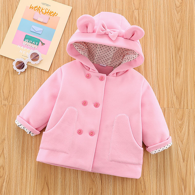 

Toddler Girl Double Breasted Polka dots Ear Design Coat