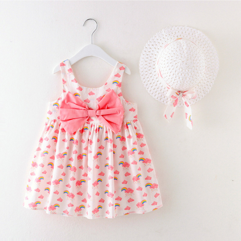 

2-piece Toddler Girl Rainbow Cloud Print Bowknot Dress and Hat Set