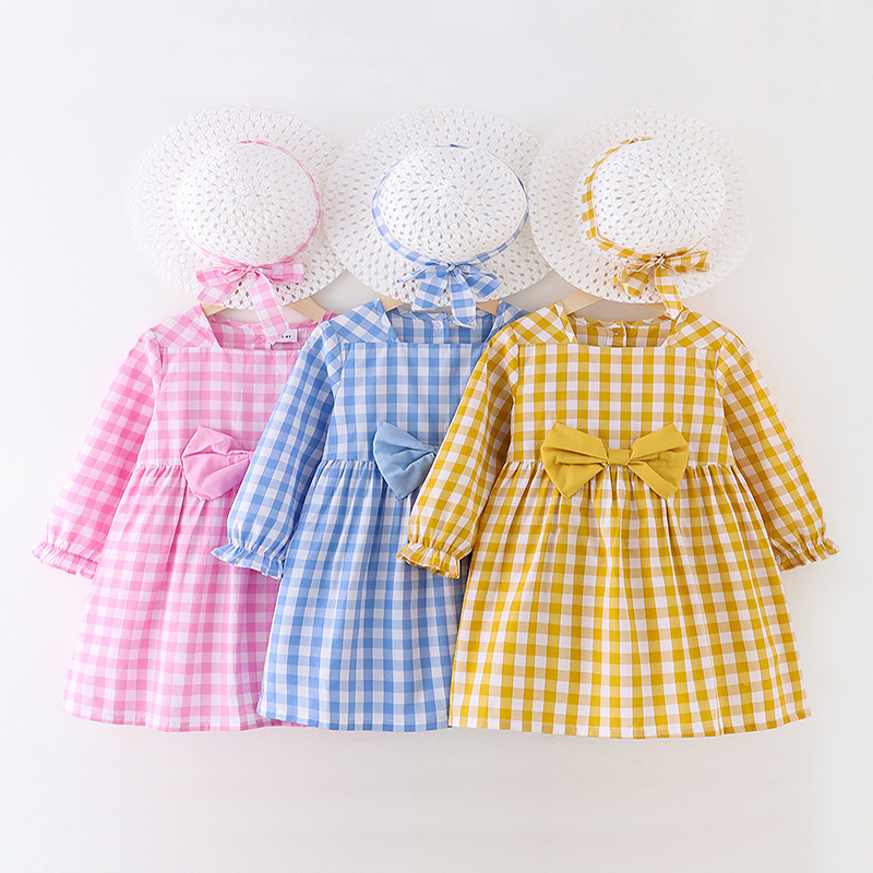 

2-piece Plaid Bowknot Button Design Long-sleeve Dress and Straw Hat Set