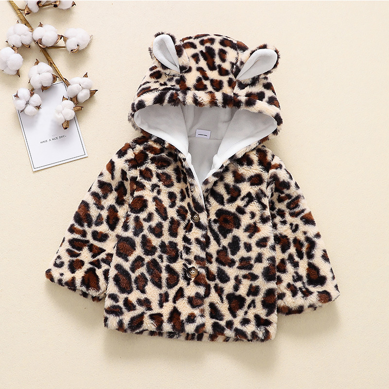 

Toddler Girl/Boy Leopard Print Button Ear Design Fuzzy Coat