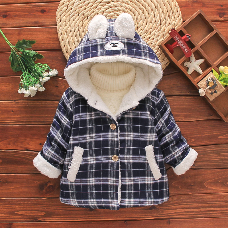 

Toddler Girl/Boy Ear Design Button Design Plaid Fuzzy Hooded Coat