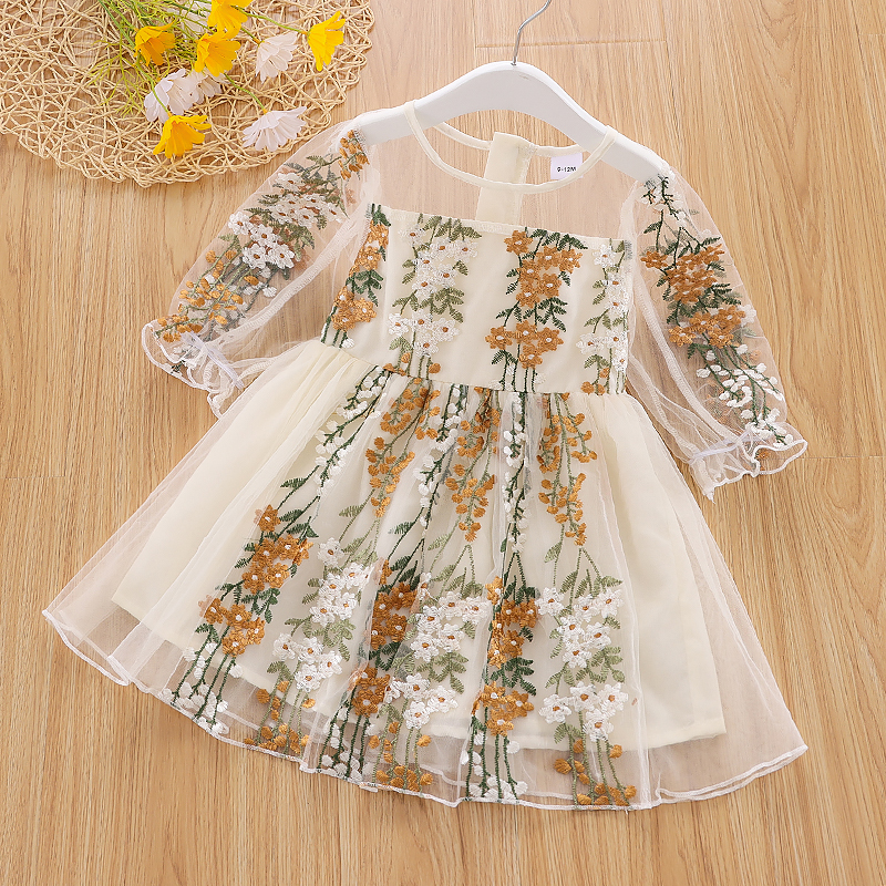 

Floral Embroidered Long-sleeve Baby Princess Party Mesh Dress