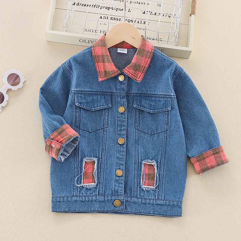 

Toddler Boy 100% Cotton Plaid Patchwork Button Design Denim Jacket