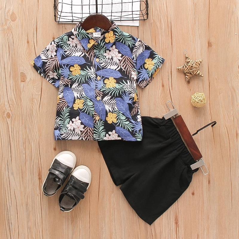 

2-piece Toddler Boy Floral Print Button Design Short-sleeve Shirt and Solid Shorts Set