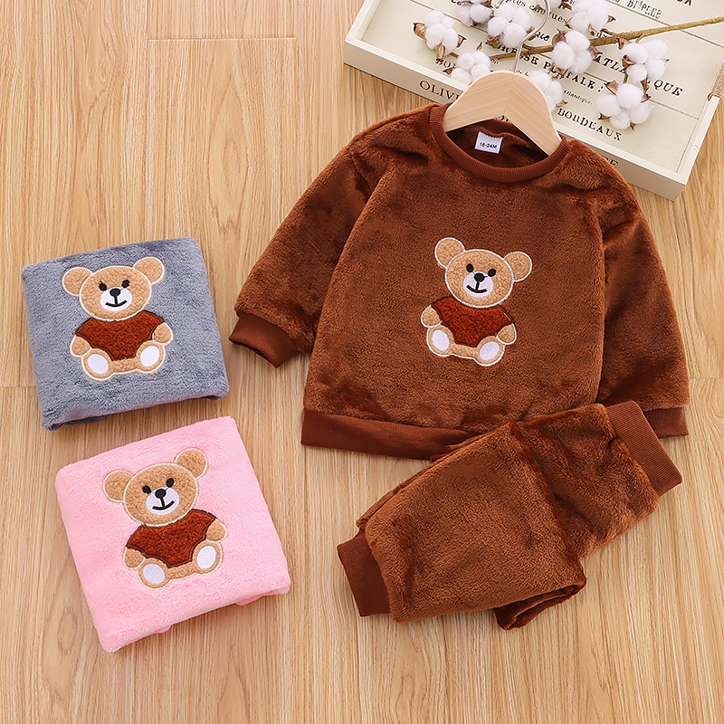 

2-piece Toddler Girl/Boy Bear Embroidered Fuzzy Pullover and Solid Pants Set