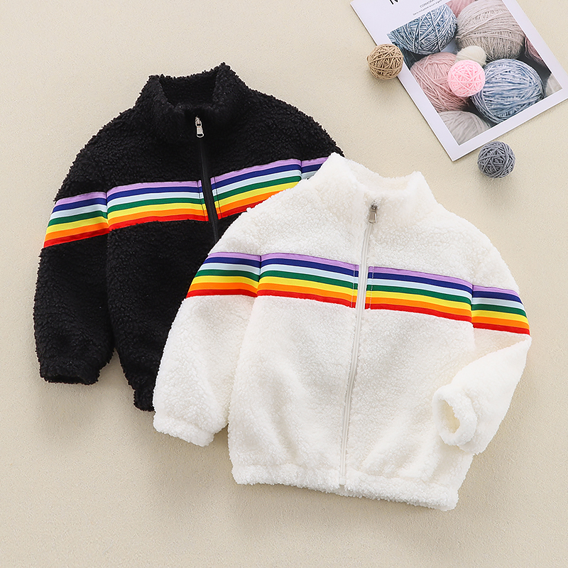 

Toddler Boy Stand Collar Rainbow Striped Zipper Fuzzy Coat